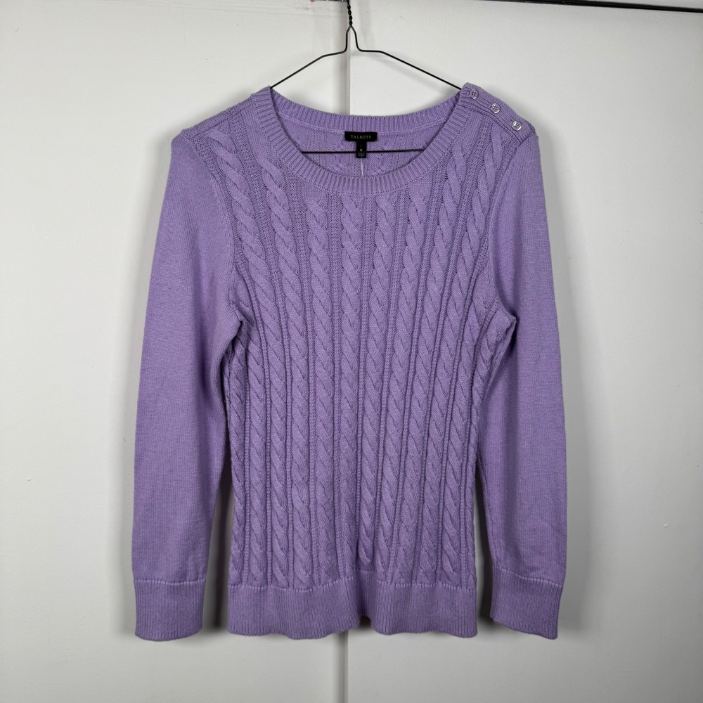 Talbots Womens Purple Cable Knit Shoulder Button Sweater Size M Long Sleeve